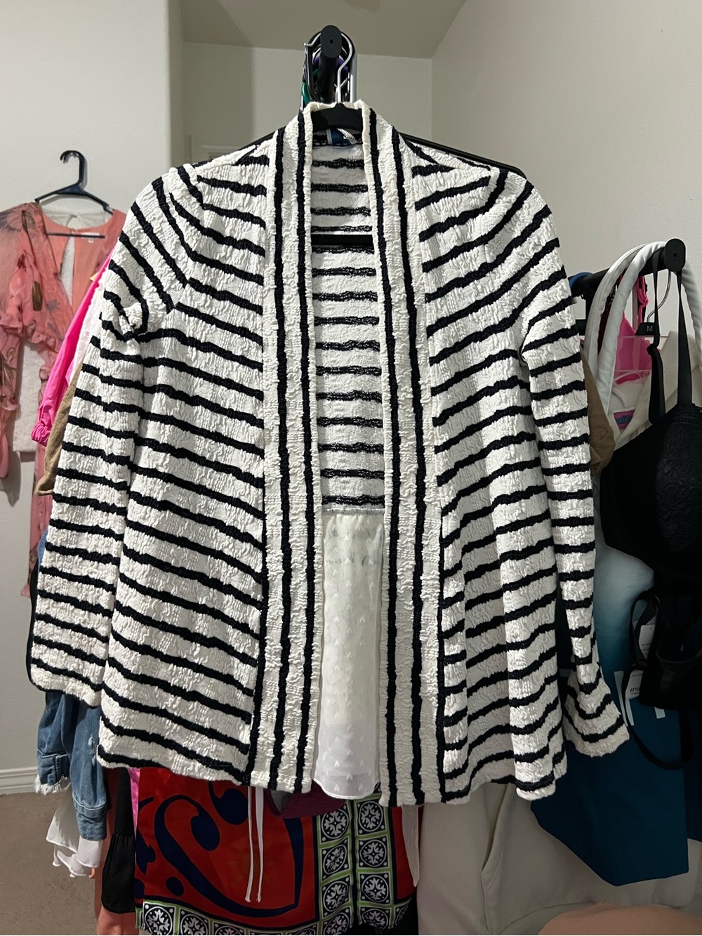 Anthropology Postmark Stripped Lace Hem Open Front Cardigan